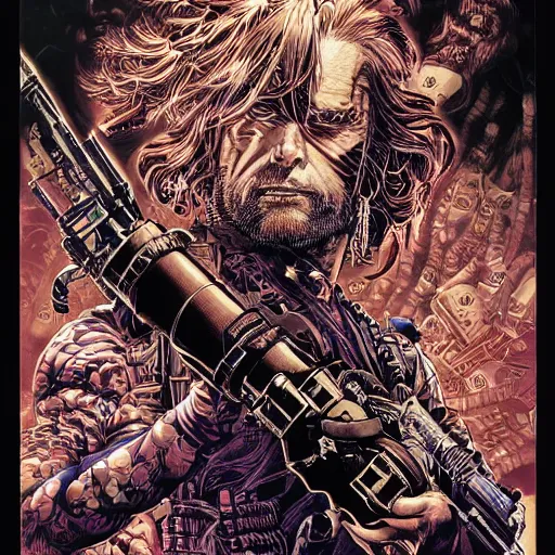 Image similar to portrait of crazy snake plissken, symmetrical, by yoichi hatakenaka, masamune shirow, josan gonzales and dan mumford, ayami kojima, takato yamamoto, barclay shaw, karol bak, yukito kishiro