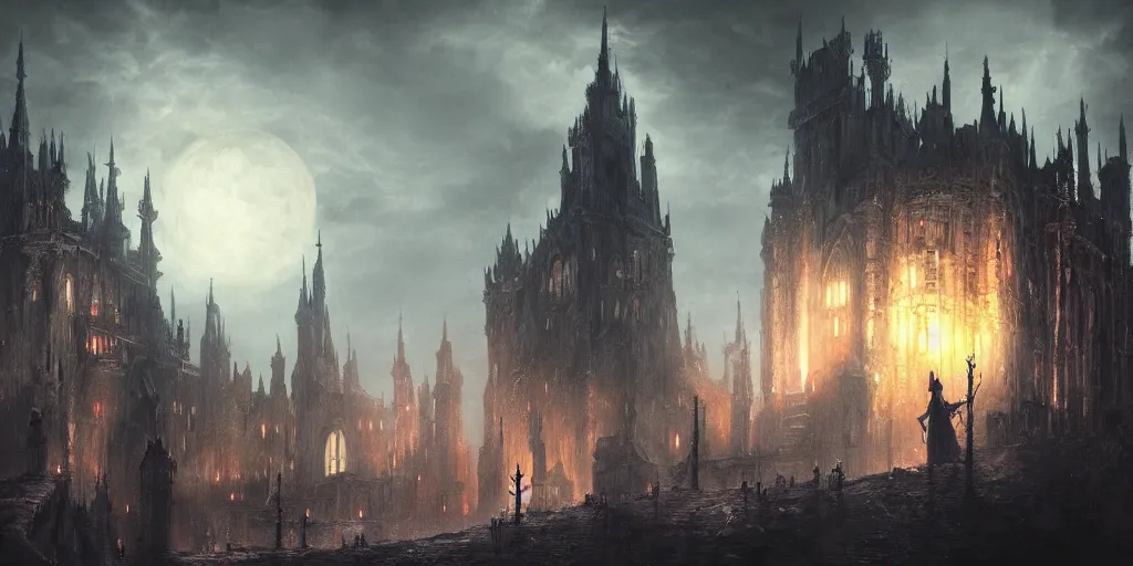 Image similar to huge castle from bloodborne, gothic art, dark fantasy, concept art, digital painting, trending on art station, night time render, moon light, god rays, highly detailed, style of jordan grimmer