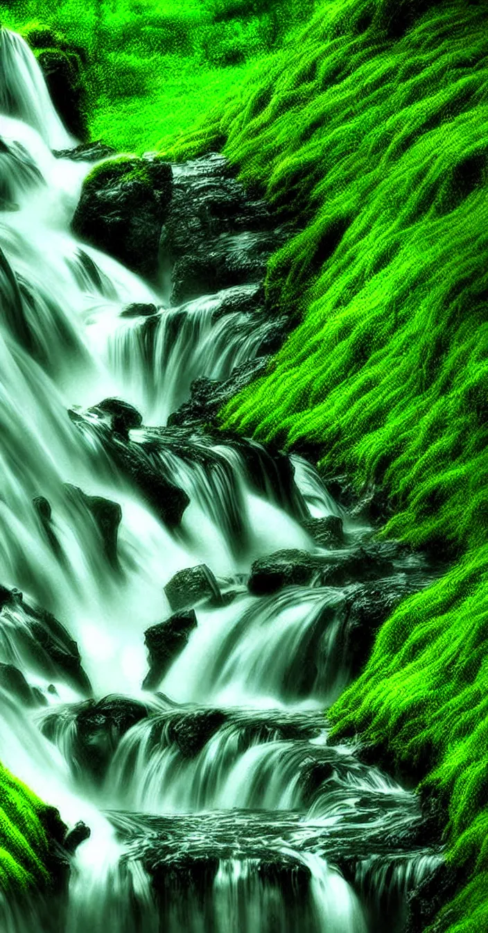 Prompt: realistic photo of waterfalls flowing from lush green mountains, very sharp focus, in the style of greg rutswoski, very hyper realistic, highly detailed, fantasy art station