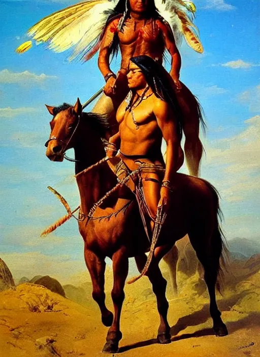 Image similar to powerful native american warrior!! beautiful native american sitting on horse, nineteenth century painting, painted by frank frazetta