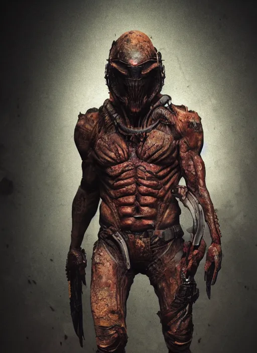 Image similar to a photorealistic dramatic hyperrealistic render of predator the alien hunter, ultra realistic details, well worn, rust, oil stains designed by vitaly bulgarov and mike nash, beautiful dramatic dark moody tones and lighting, cinematic atmosphere, studio lighting, global illumination, shadows, dark background, octane render, 8 k