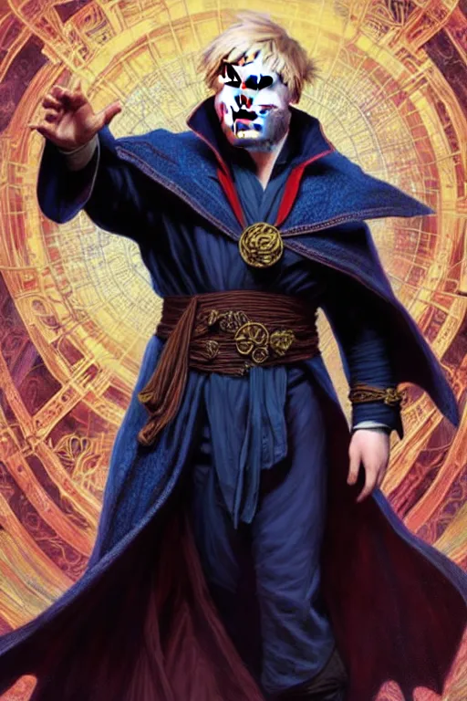 Image similar to Boris Johnson as Dr. Strange, highly detailed character in digital fantasy, painted portrait, artstation, concept art, hard focus, illustrations, works by Artgerm and Greg Rutkowski, Alphonse Mucha and Craig Mullins, James Gene, Andrey Ryabovichev, Mark Simonetti and Peter Morbacher, 16 thousand