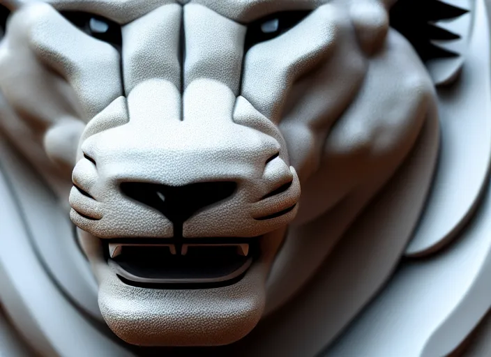 Image similar to futuristic porcelain sculpture of a lion ( designed by porsche ), xf iq 4, 1 5 0 mp, 5 0 mm, f / 1. 4, iso 2 0 0, 1 / 1 6 0 s, natural light, octane render, adobe lightroom, rule of thirds, symmetrical balance, depth layering, polarizing filter, sense of depth, ai enhanced