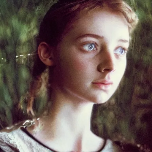 Image similar to portrait of a beautiful young lady with silver eyes, film still of Tarkovsky