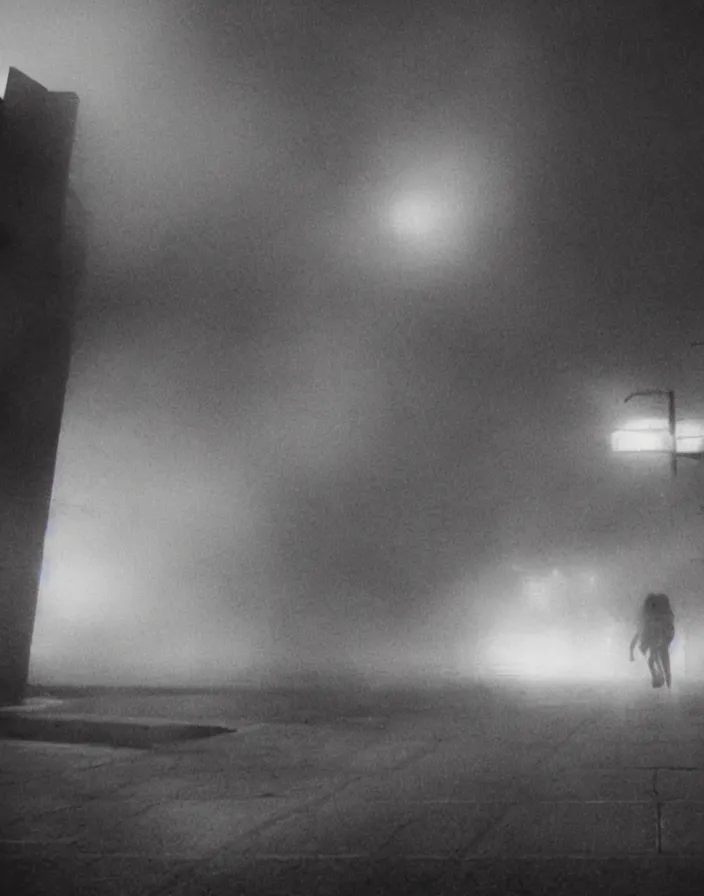 Image similar to very low - resolution found footage of a couple escaping in the city from a starfish kaiju monster, fog, foggy, korean film noir, monochrome, red hue, thriller, underdeveloped, epic, dramatic