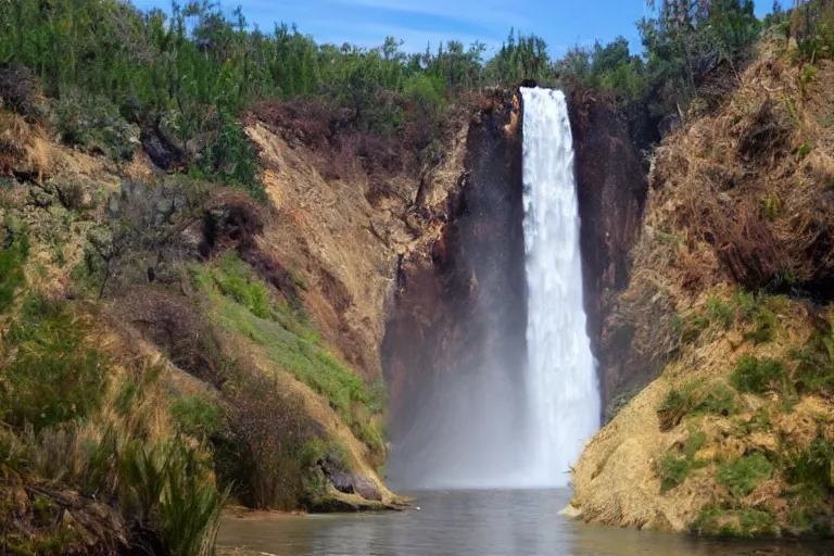 Image similar to An isthmus between the land of silicon and the paint waterfall on the first day of the earth by Robert Kurvitz