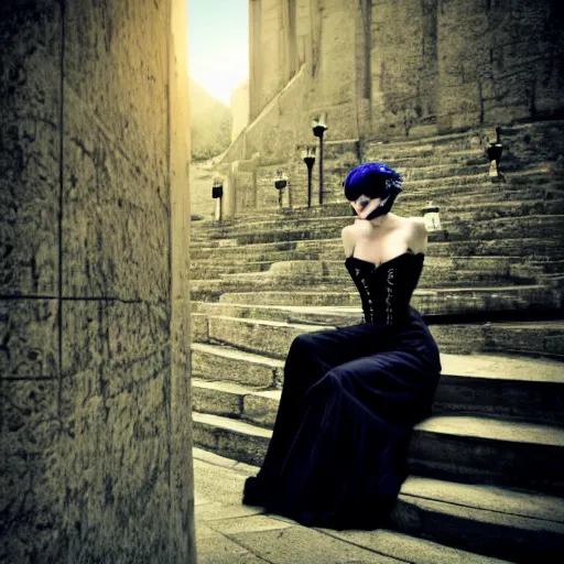 Prompt: Artistic photo of a goth girl in a corset sitting on stone stairs. She has blue hair.