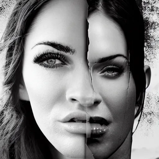 Image similar to double - exposure effect of megan fox face in beautiful mountains, in the style of dan mountford, amazing detail, black and white