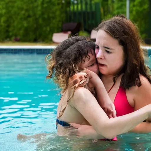 Prompt: a woman is giving her daughter a hug in a swimming pool, nearby a girl is crying and distraught in the water, under the water is a skeleton sitting on a chair