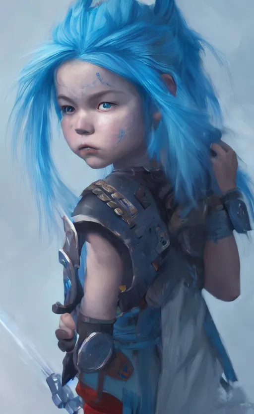 Prompt: little angry girl with blue hair, warrior dress, by wlop and Ross Tran and sam yang and mandy jurgens and viktoria gavrilenko, featured on artstation, cinematic lighting, hyperdetailed, cgsociety, 8k