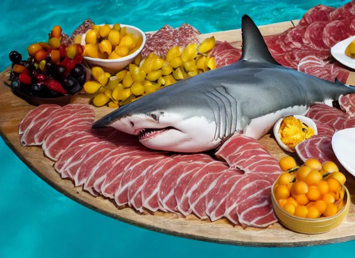 Prompt: underwater photo still of a great white shark looking at a charcuterie platter, 8 k