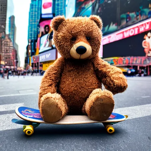 Prompt: A photo of a teddy bear on a skateboard in Times Square
