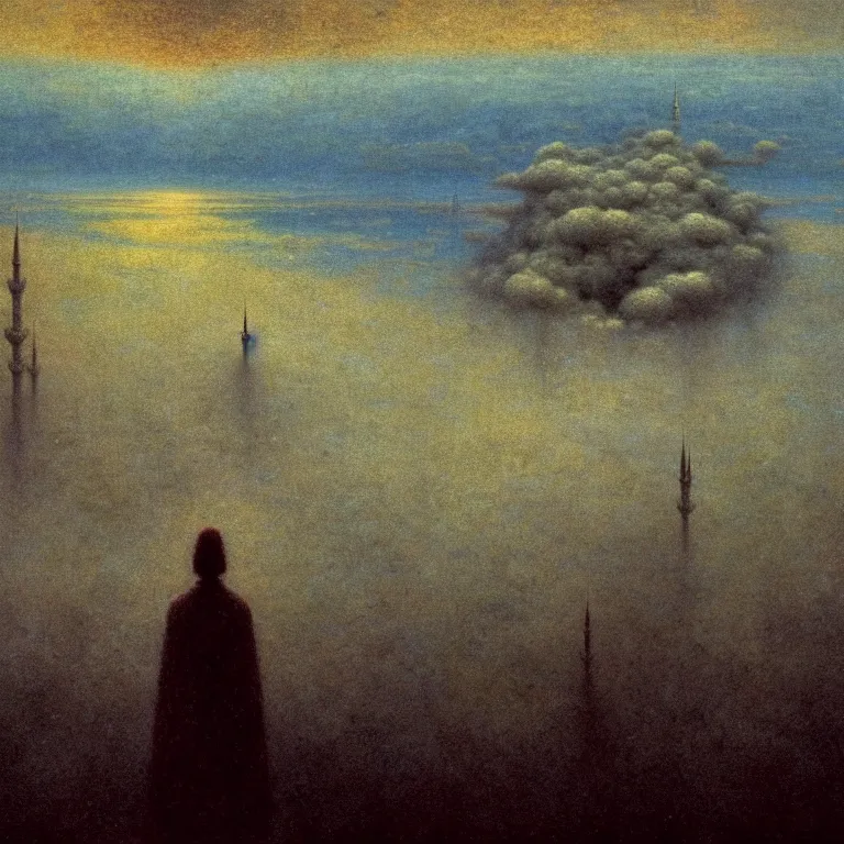 Prompt: a cinematic scene from the istanbul on clouds, solidity and eternity, concept art by beksinski and jean delville, sharp focus, dramatic lighting, ultra hd, hdr, 8 k