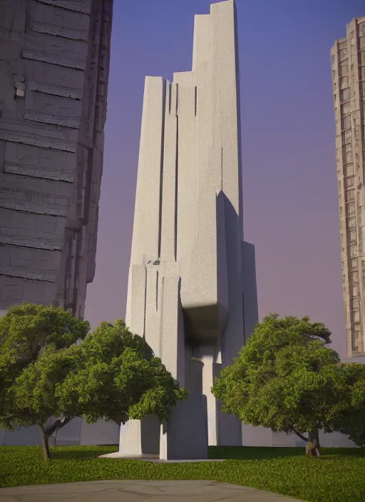 Image similar to highly detailed realistic architecture 3 d render of a futuristic stele monument in frank lloyd wright style standing in city park, archdaily, made in unreal engine 4 octane render