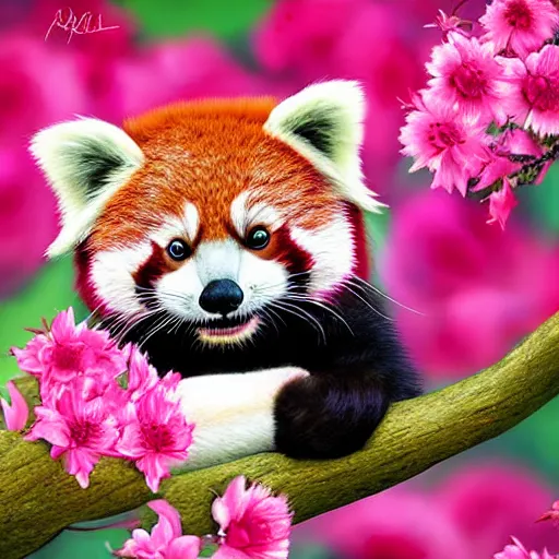 Image similar to cute red panda and pink flowers, digital art, hyperrealistic, warm lighting, lovely