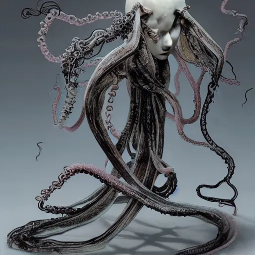 Image similar to an anime by yuji ikehata, of an ethereal ghostly wraith like figure with a squid like parasite latched onto its head and long tentacle arms that flow lazily but gracefully at its sides like a cloak, anime, vhs, grainy