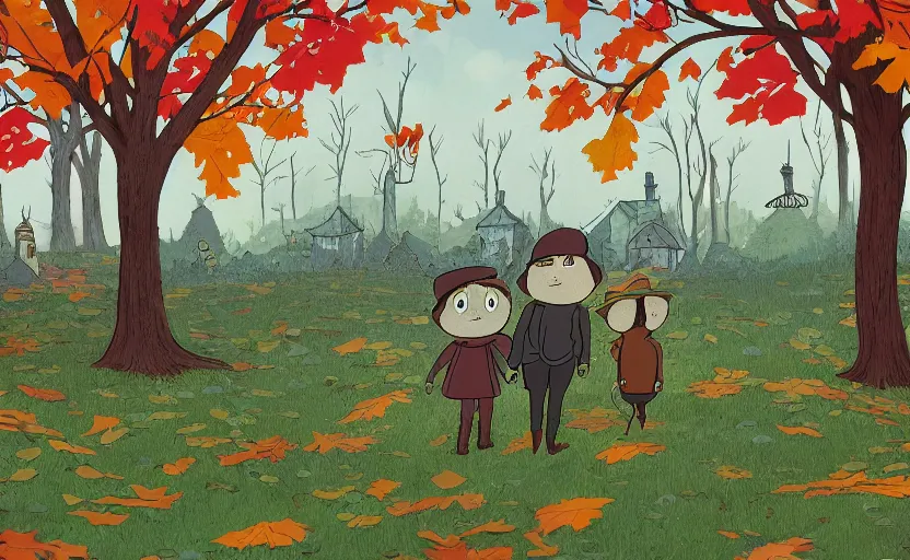 Image similar to an illustrated background of a fall scene from Over the Garden Wall, highly detailed