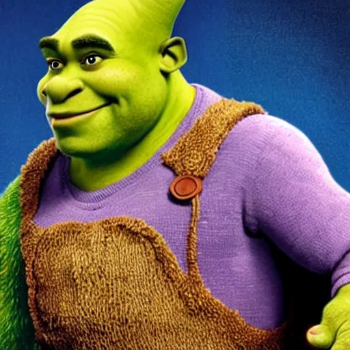 Image similar to shrek combined with both mr rogers and the rock