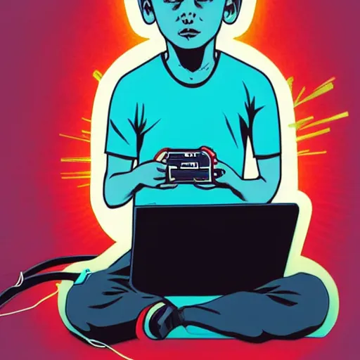 Image similar to illustration of a boy connected to his laptop with wires, highly detailed, by butcher billy