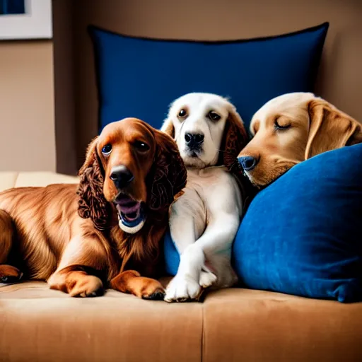 Prompt: a cute spaniel, Labrador and golden retriever spread out on a plush blue sofa. Award winning photograph, soft focus, rule of thirds,25mm, style of Vogelsang, Elke