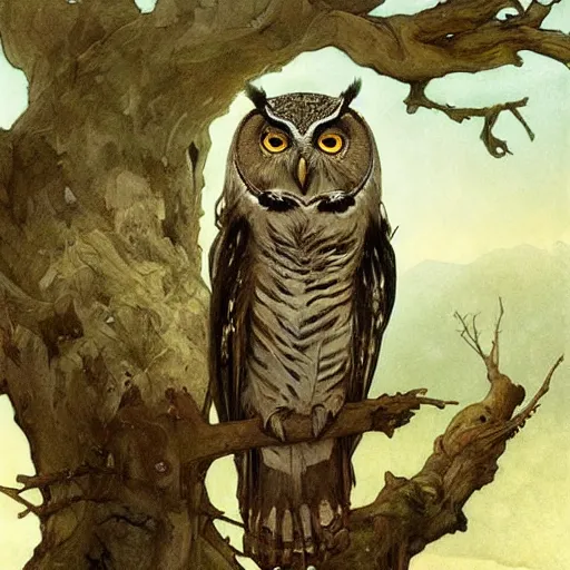 Prompt: masterpiece painting of a a majestic owl with wide eyes, perched on rustic tree branch, by Greg Rutkowski and John Collier and Krenz Cushart and Artem Demura and Alphonse Mucha and Albert Aublet, as seen on ArtStation, 4k, dungeons and dragons, very aesthetic, very detailed, intricate, unreal, fantasy, dramatic, painterly, artstation, sharp focus, smooth