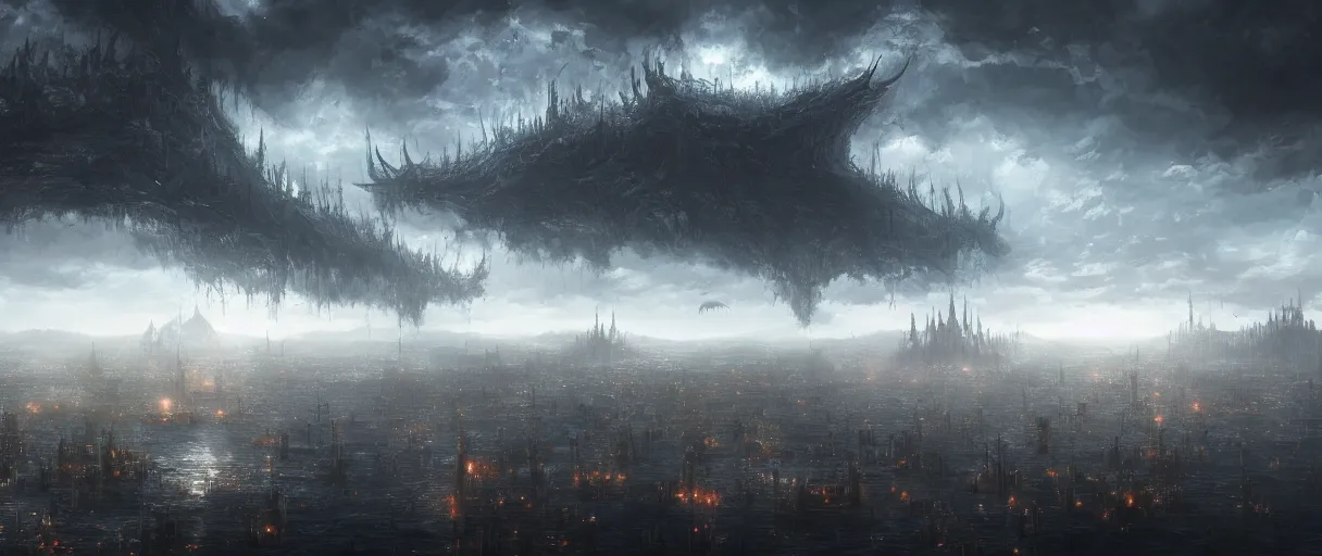 Prompt: large floating cities on top of huge floating islands, terrain visible from beneath, in the clouds, concept art, digital painting, in the style of Bloodborne, dark souls, demon souls, dark, night time, volumetric lighting, large scale, high detail, trending on art station, view from afar