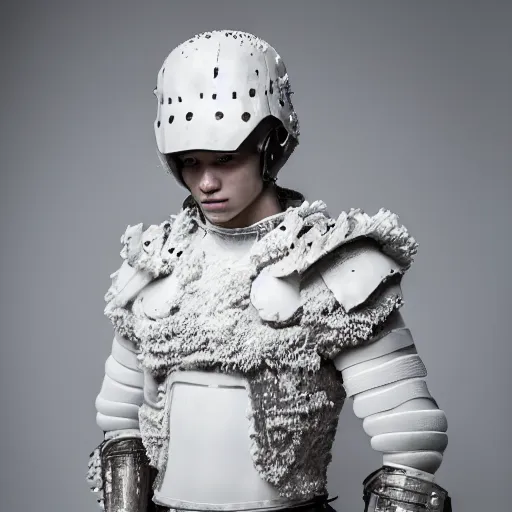 Image similar to a portrait of a beautiful young male wearing an alexander mcqueen armor made of salt , photographed by andrew thomas huang, artistic