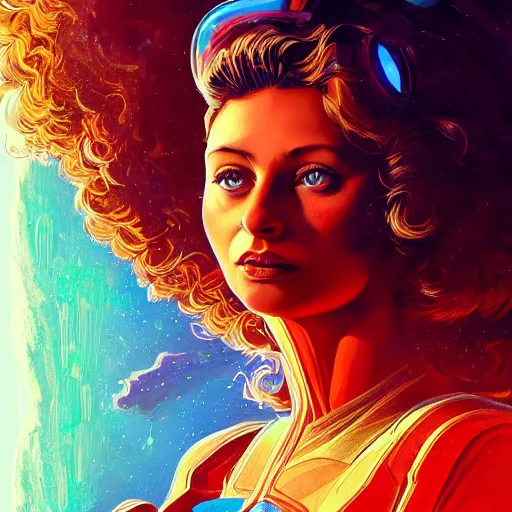 Image similar to Aly Michalka as a stunning , beautiful retro SCI-FI space heroine 1985 , movie poster, intricate, elegant, highly detailed, centered, digital painting, trending on artstation, concept art, smooth, sharp focus, illustration, art by raphael lacoste ,eddie mendoza ,alex ross, WLOP
