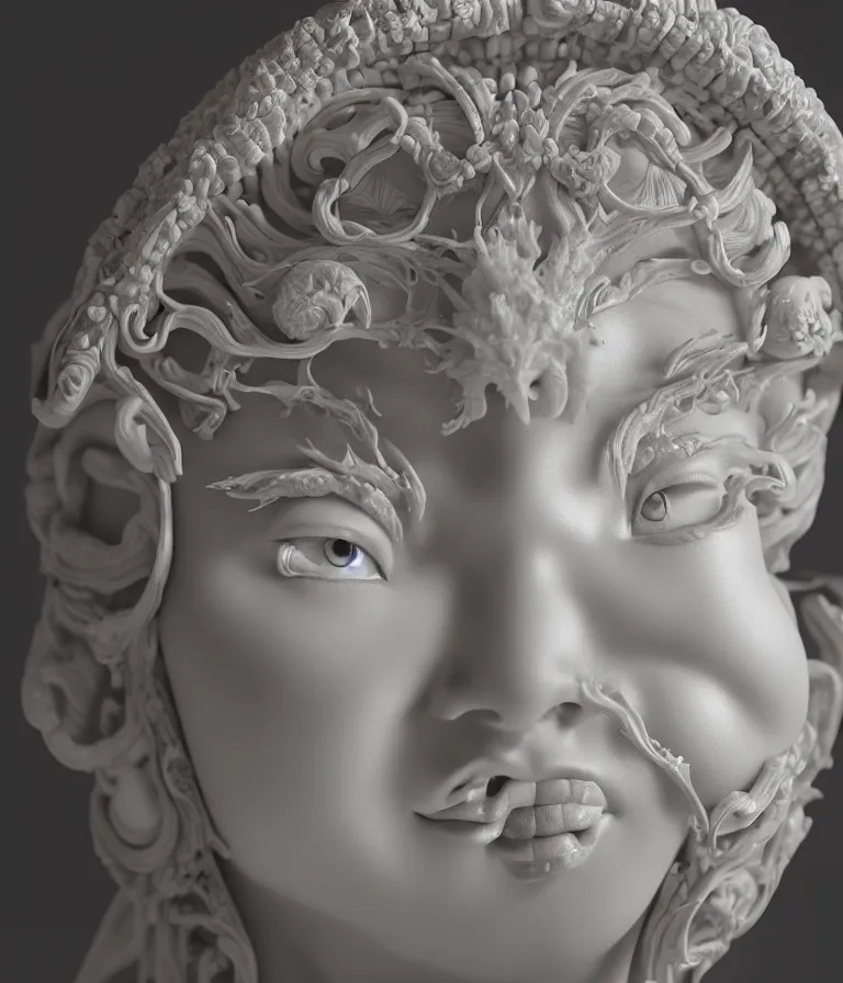 Prompt: hyper realistic portrait photo of ameterasu the sun goddess of japan, portrait shot, porcelain white face, intricate detail, octane render