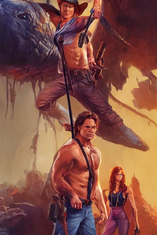 Image similar to pretty muscular sam winchester as indiana jones in the fate of atlantis, clothes torn apart, fantasy style, sharp focus!, ultra detailed, art by artgerm and peter andrew jones, wlop