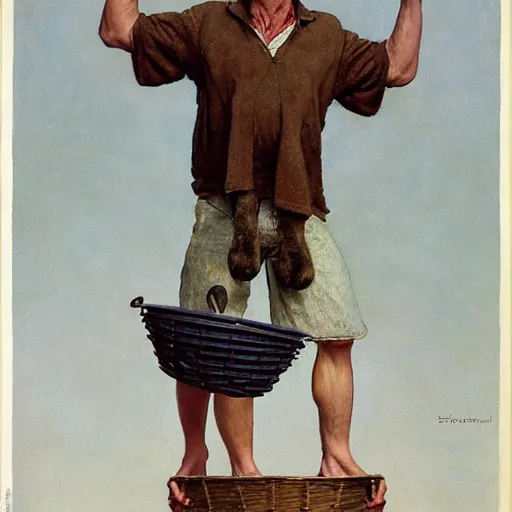 Image similar to a tank - like, fair skinned man with large ears and a big nose. he has frizzy, black hair, seems boring, has long, neat mutton chops, and he has a large scab on his left ear. he is carrying a basket. realism. photo realistic. norman rockwell. repin