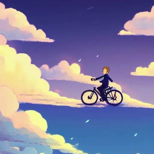 Prompt: a beautiful ultradetailed anime illustration of a happy man flying in the sky on his bicycle in the clouds, up to bottom is clouds，sea，railway，by makoto shinkai，anime wallpaper 4k，prismatic
