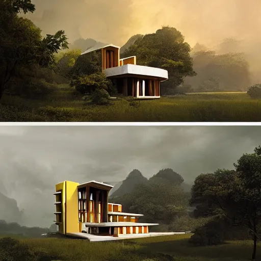 Image similar to modernist house inspired by a tibetan palace between big trees, yellow clouds, dramatic lighting, artstation, matte painting, raphael lacoste, simon stalenhag, frank lloyd wright, zaha hadid