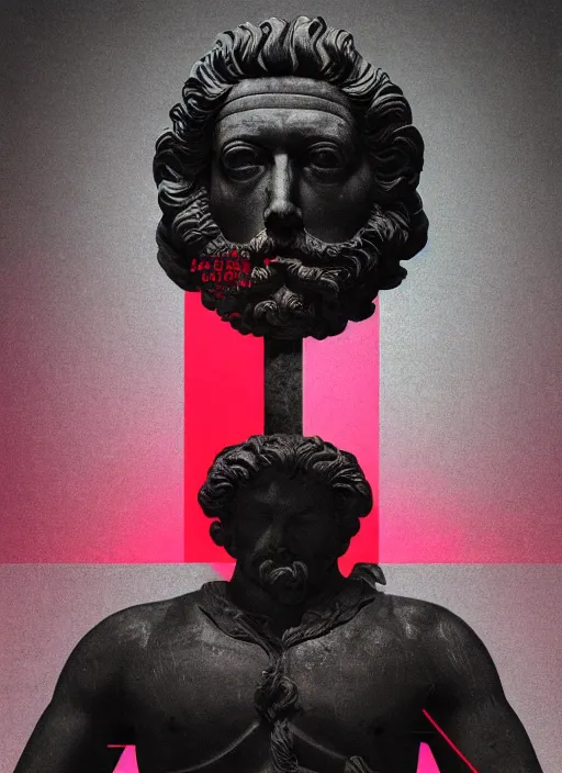 Image similar to dark design poster showing a statue of marcus aurelius, black background with very subtle red and purple design elements, powerful, nekro, vito acconci, thin straight lines, dark, glitch art, neo vaporwave, gritty, layout frame, square, trending on artstation