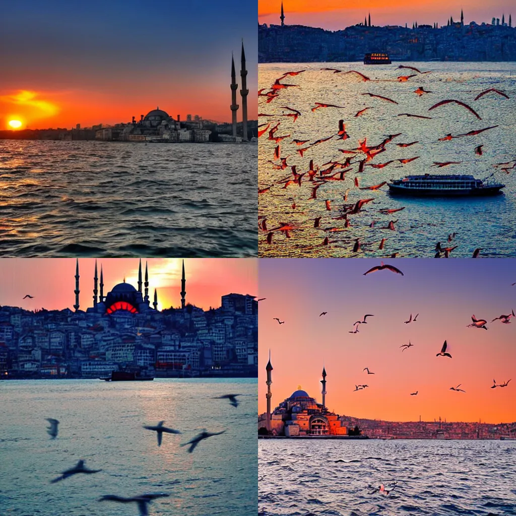 Prompt: Istanbul scene as anime, sunset, feries in the Bosphorus, little seagulls