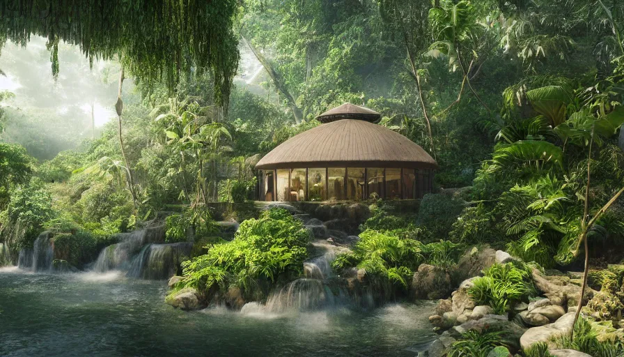 Prompt: Beautiful round glass house built near a waterfall in the tropical jungle, volumetric light, hyperdetailed, artstation, cgsociety, 8k