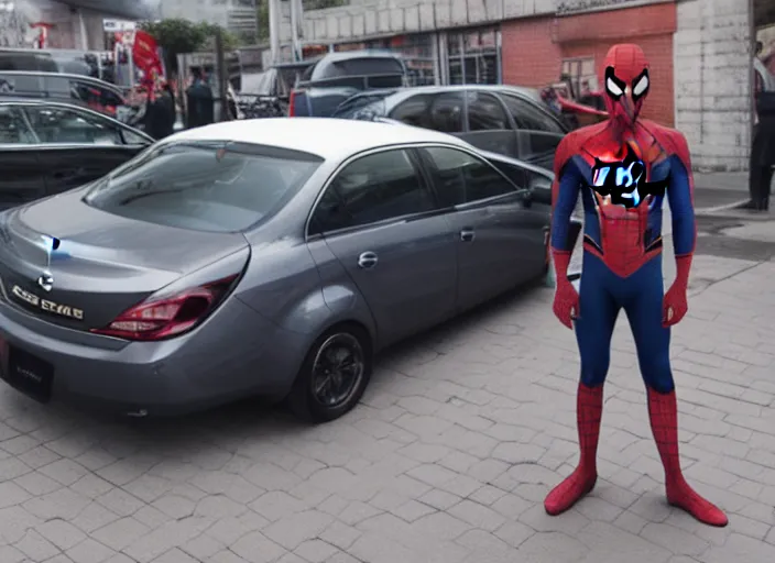 Image similar to spiderman stand next to opel sedan