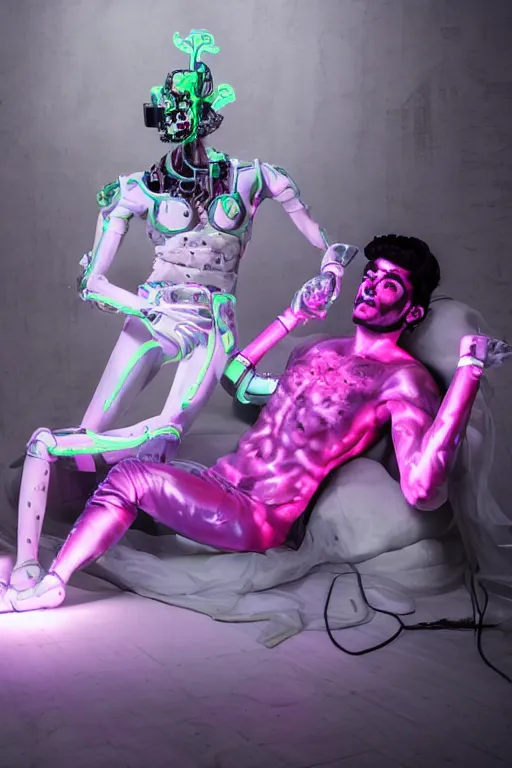 Image similar to full-body rococo and cyberpunk style neon statue of a muscular attractive Zayn Malik macho dotado e rico android sim roupa reclining con las piernas abertas e la piroca dura, glowing white laser eyes, prince crown of pink gears, diamonds, swirling silver-colored silk fabric. futuristic elements. full-length view. space robots. human skulls. intricate artwork by caravaggio. Trending on artstation, octane render, cinematic lighting from the right, hyper realism, octane render, 8k, depth of field, 3D