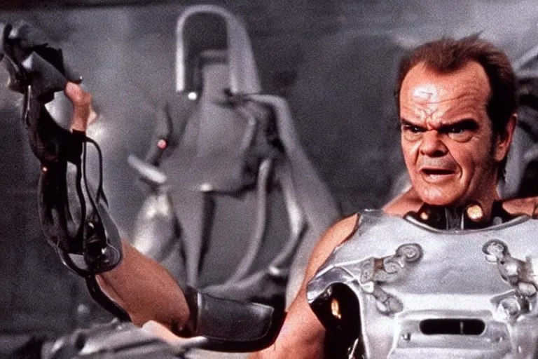 Prompt: Jack Nicholson in costume of Pikachu Terminator scene where his endoskeleton gets exposed still from the film