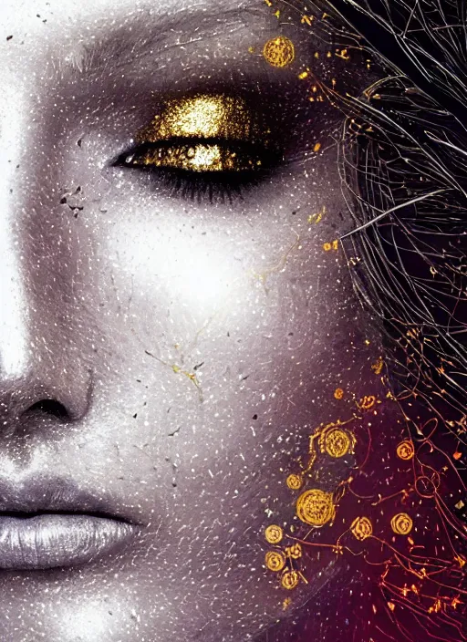 Prompt: glowing silver and golden elements, full close-up portrait, vector dark witch from shutterstock, book cover, green forest, white moon, red lips, establishing shot, extremly high detail, photo-realistic, cinematic lighting, pen and ink, intricate line drawings, by Yoshitaka Amano, Ruan Jia, Kentaro Miura, Artgerm, post processed, concept art, artstation, matte painting, style by eddie mendoza, raphael lacoste, alex ross