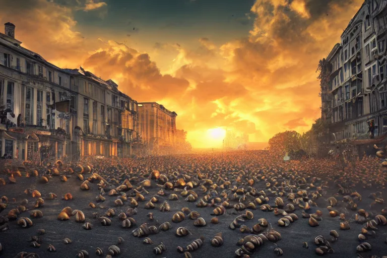 Image similar to a city invaded by 1 0 meters snails, huge snails, sunset, atmospheric lighting, 5 0 0 px, people running in fear, chaos, screaming