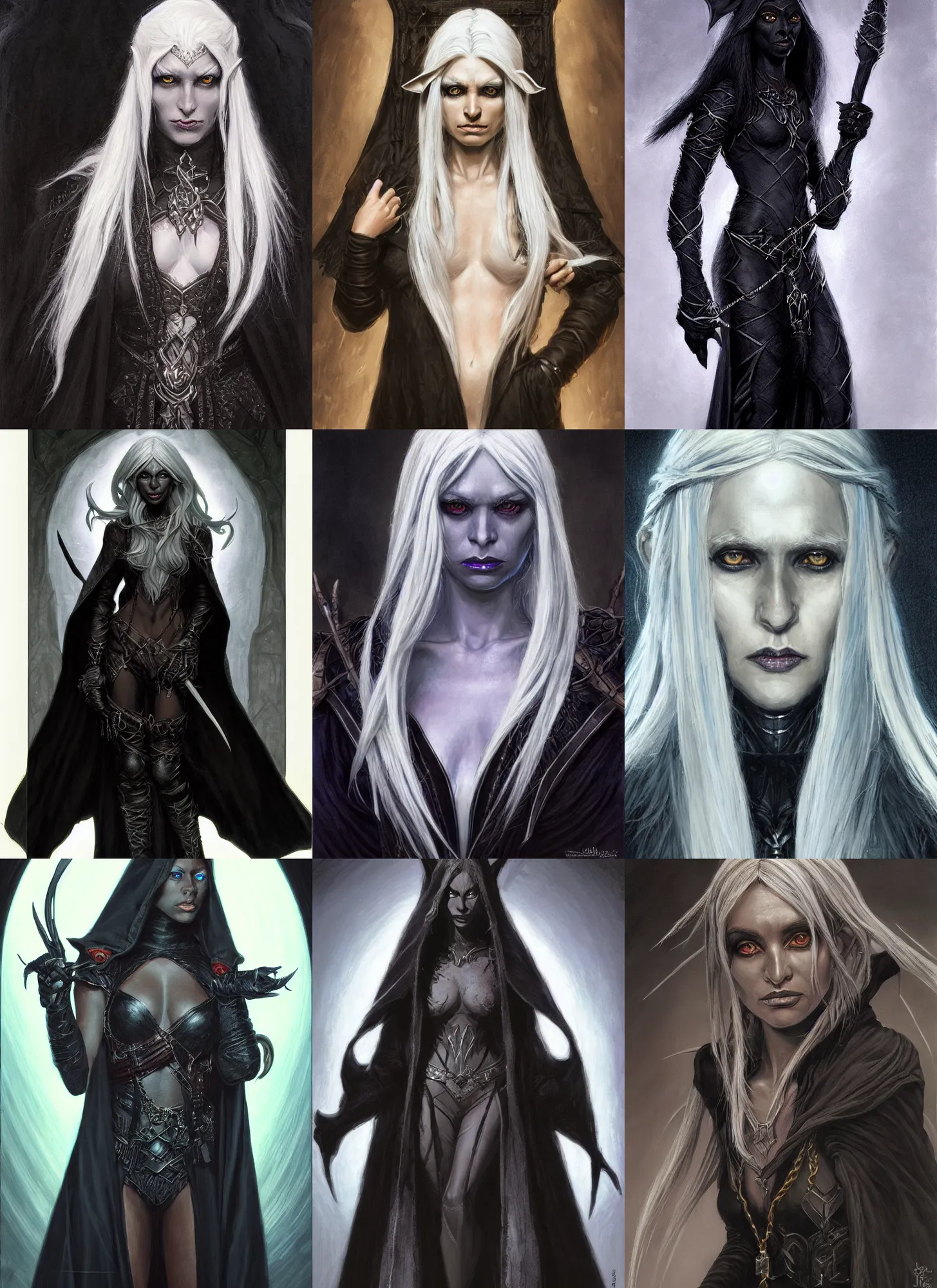 Prompt: a portrait of a female drow elf, pitchblack skin, naive, innocent, worried, long white hair, wearing a black coat, style by donato giancola, wayne reynolds, jeff easley dramatic light, high detail, cinematic lighting, artstation, dungeons and dragons