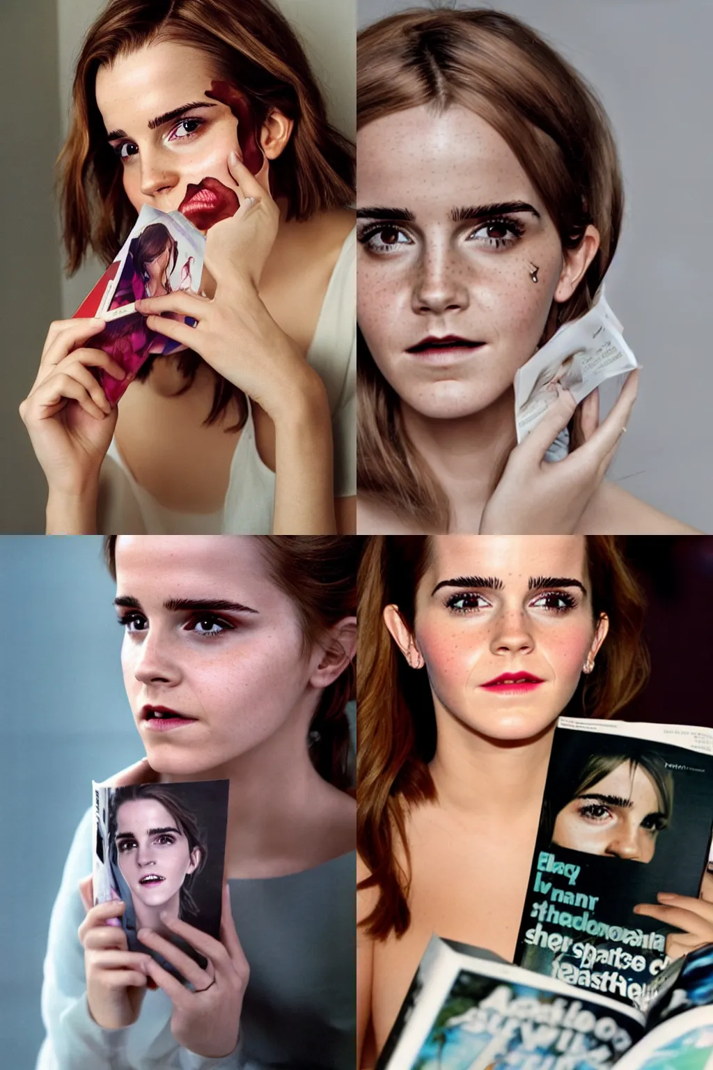 Prompt: A shapeshifter is peeling of his face skin to transform into Emma Watson, shapeshifter is watching magazine in the picture of Emma Watson, Photo taken with Provia