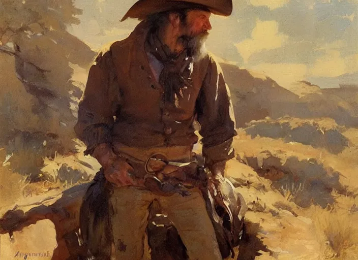 Prompt: oil painting of old rugged cowboy with whiskey bottle, art by anders zorn, wonderful masterpiece by greg rutkowski, beautiful cinematic light, american romanticism by greg manchess