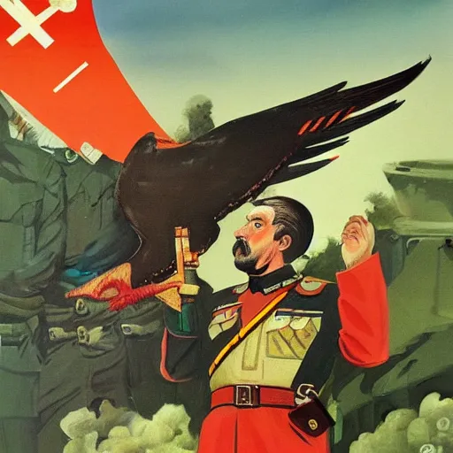 Image similar to a detailed and complex, highly detailed, concept art, soviet propaganda poster depicting a dromaius in military uniform, marxism - leninism. painting by irakli toidze,