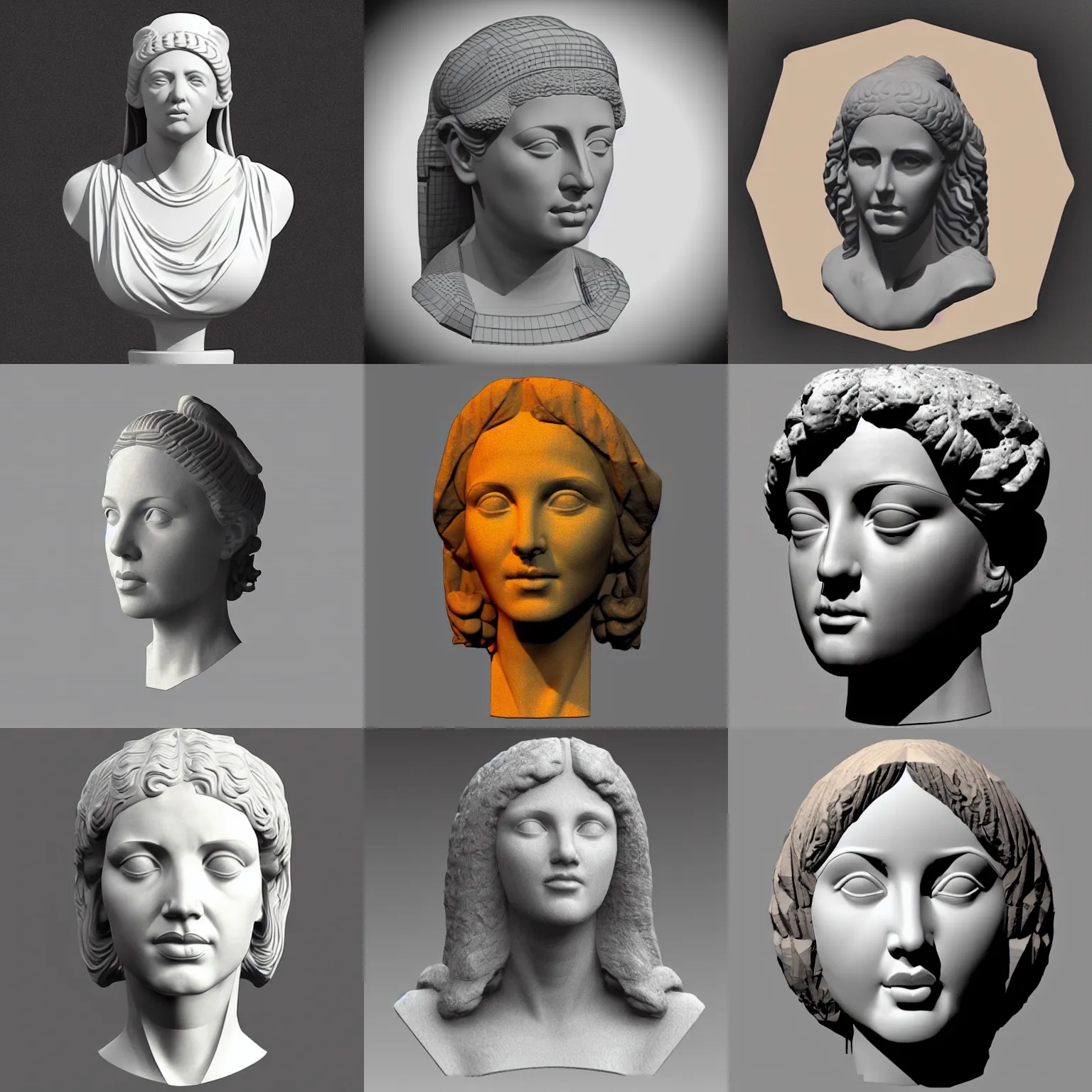 Prompt: “An Ancient Greek bust of Susanna Hoffs, 3D polygon model.”