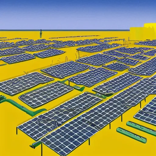 Image similar to solarpunk village with solarpanels, alex katz style