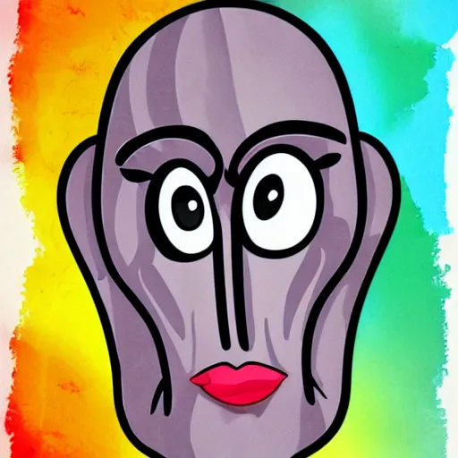 Image similar to handsome squidward portrait, cartoon, big lips, vivid colors