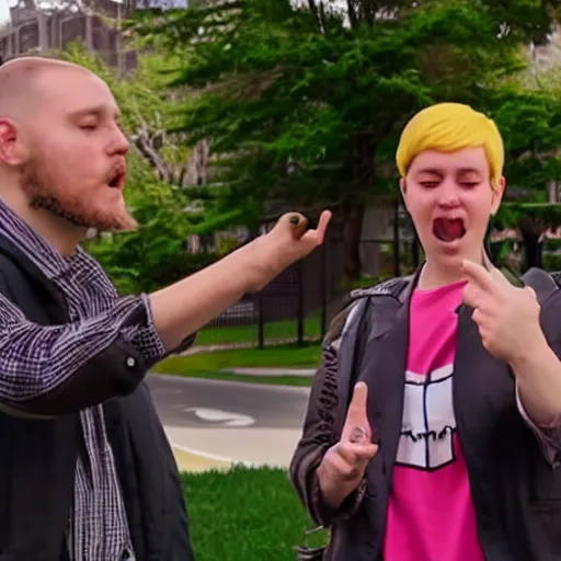 Image similar to a non - binary person flipping off a fundamentalist, iphone video still