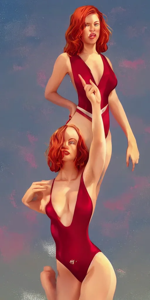 Prompt: beautiful full body portrait of a ginger woman wearing a sparkling cherry color one piece swimsuit wlop, artgerm, artstation